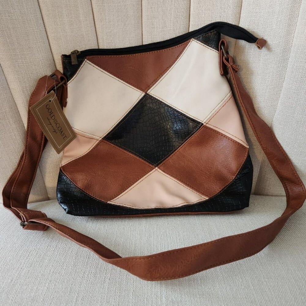 Gold Coast purse PATCHWORK brown cream black diamond faux leather crossbody tan